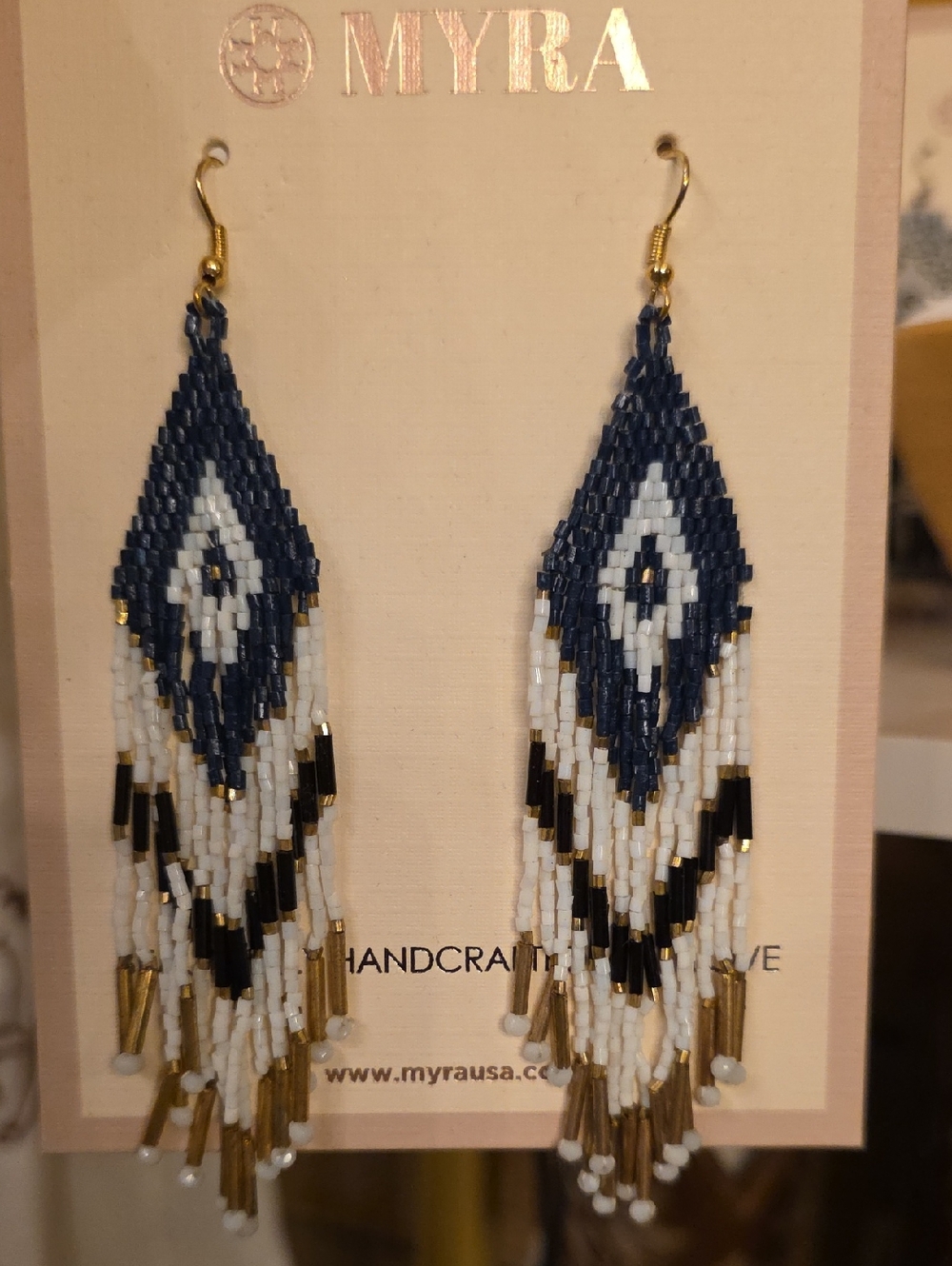 Myra Bag Black, White and Gold Beaded Fringe Earrings